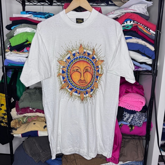 Vintage Smiling Sun Astrology Glitter Good Time Short Sleeve T-shirt Sz Large - Picture 1 of 5